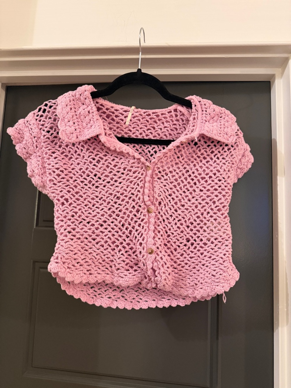 Free People Pink Cropped Crochet Button-Up Top